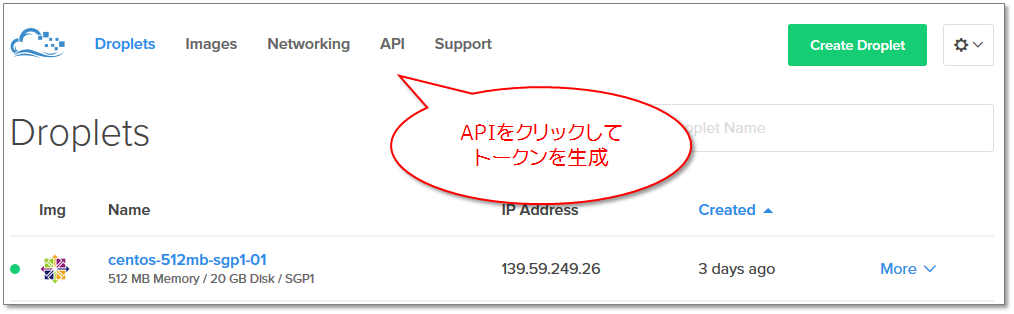 Digital Ocean コンソールの API をクリック