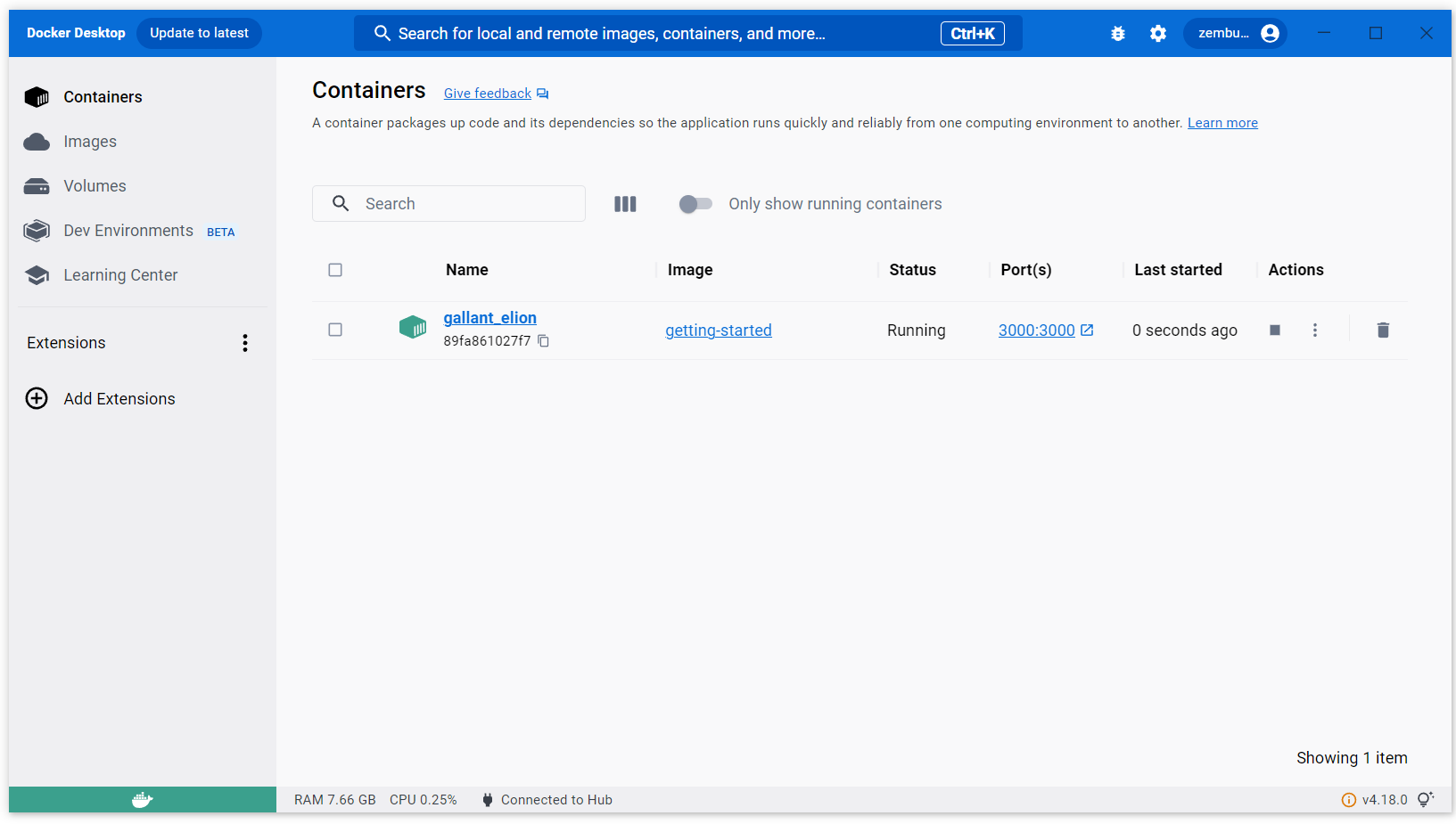 Docker ダッシュボードにはチュートリアルとアプリ用コンテナが実行中