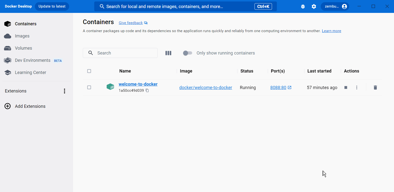 Docker Desktop でコンテナの詳細を表示