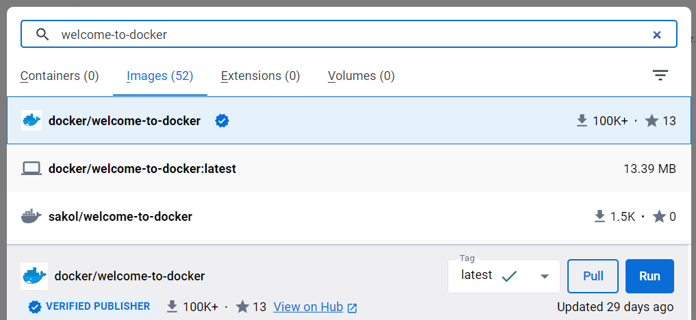Docker Desktop で welcome-to-docker イメージを検索