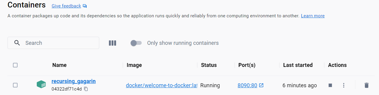 Docker Desktop の Containers タブで表示